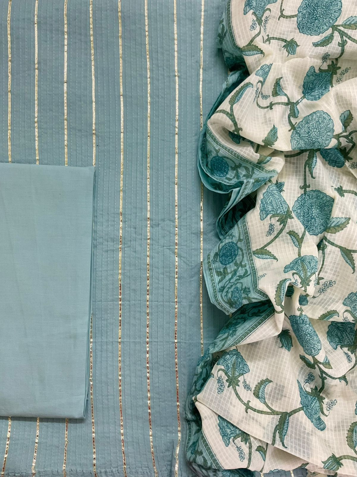 Pure Cotton Printed Embroidered Suit - Blue