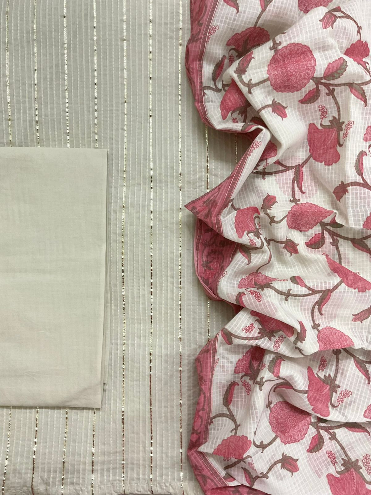 Pure Cotton Printed Embroidered Suit - Beigish Green