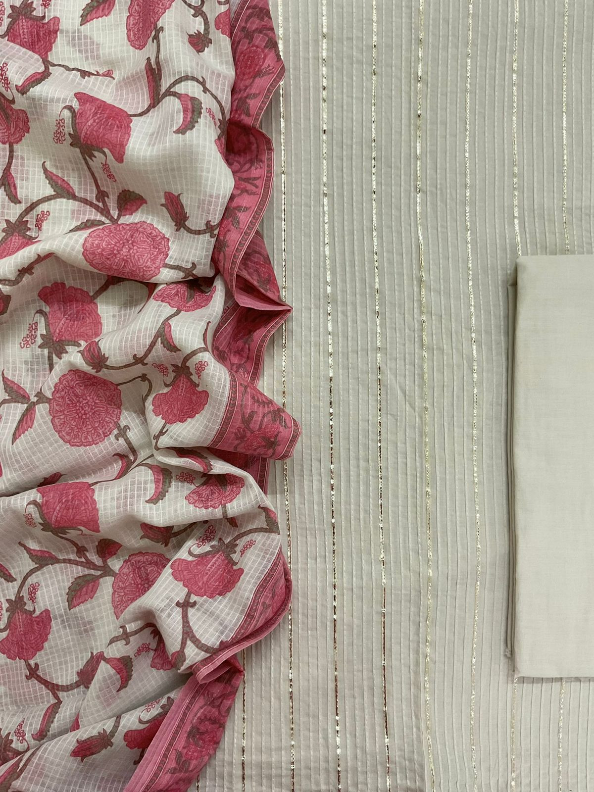 Pure Cotton Printed Embroidered Suit - Beigish Green