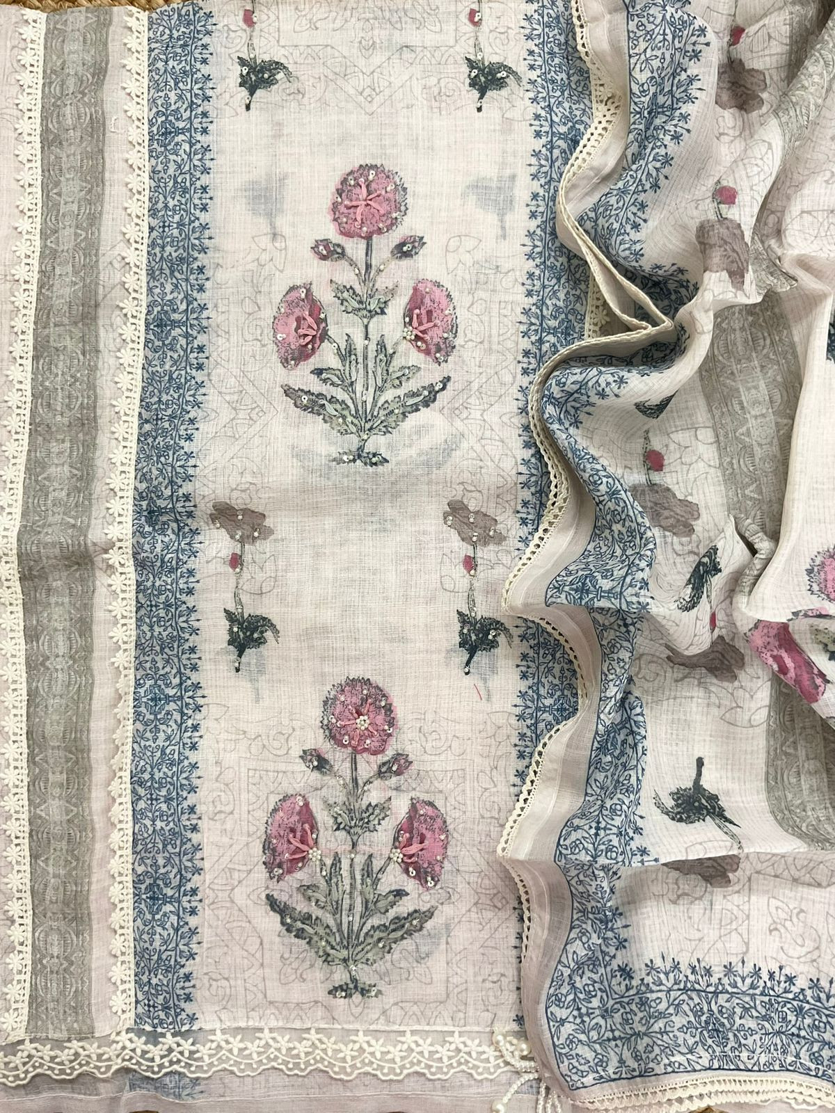Soft Linen Jute Cotton Printed Embroidered Suit - Beige