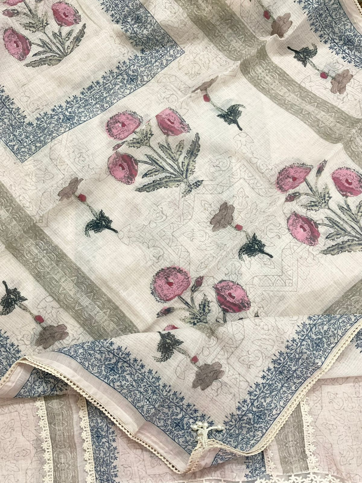 Soft Linen Jute Cotton Printed Embroidered Suit - Beige