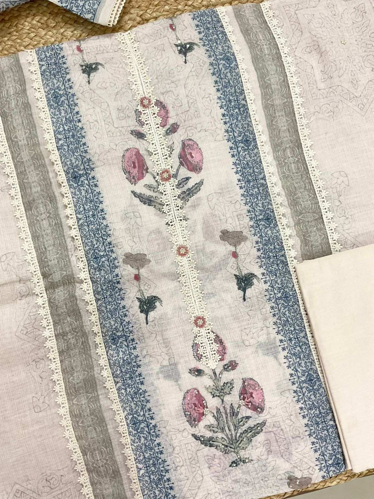 Soft Linen Jute Cotton Printed Embroidered Suit - Beige