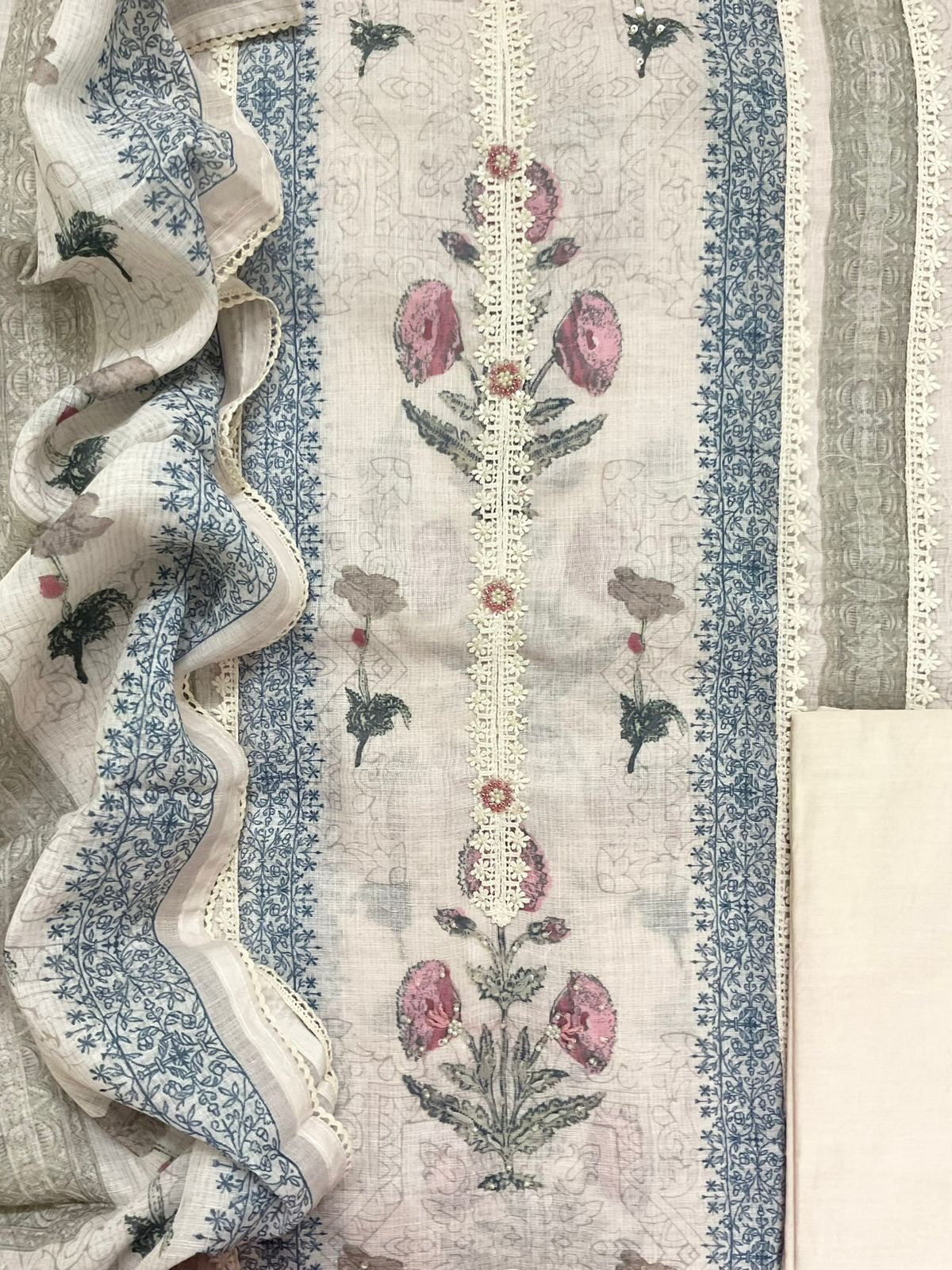 Soft Linen Jute Cotton Printed Embroidered Suit - Beige