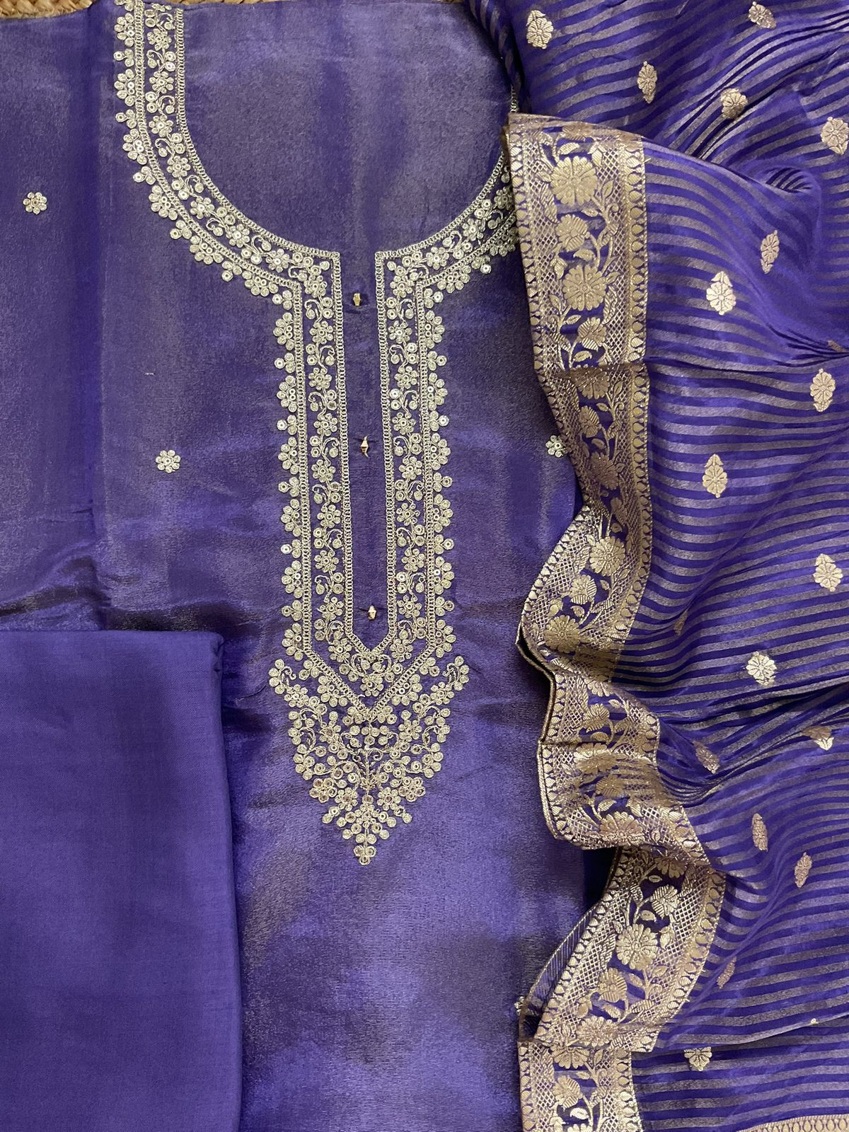 Soft Shimmer Silk Embroidered Suit - Purple