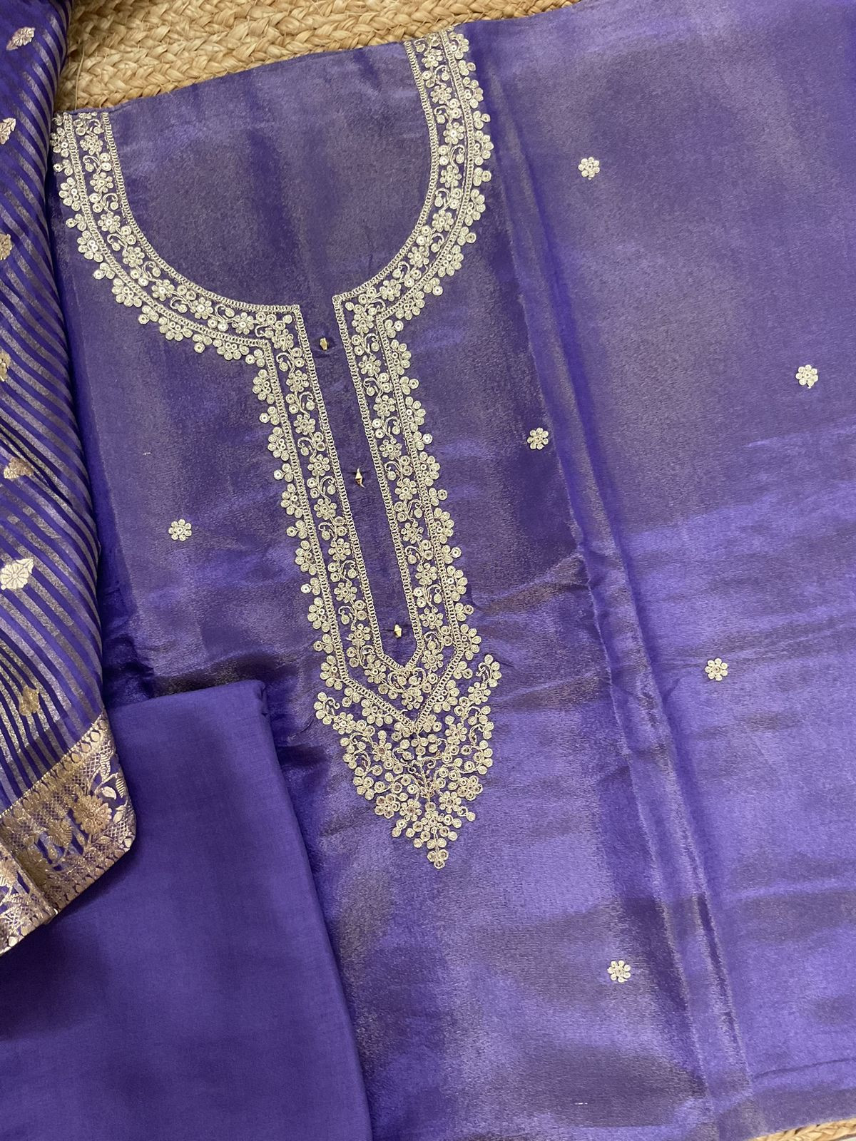 Soft Shimmer Silk Embroidered Suit - Purple
