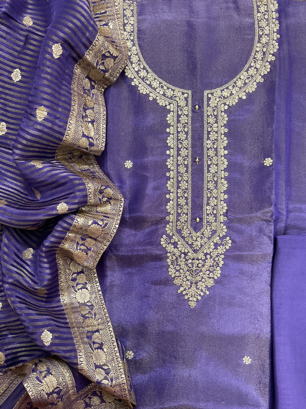 Soft Shimmer Silk Embroidered Suit - Purple