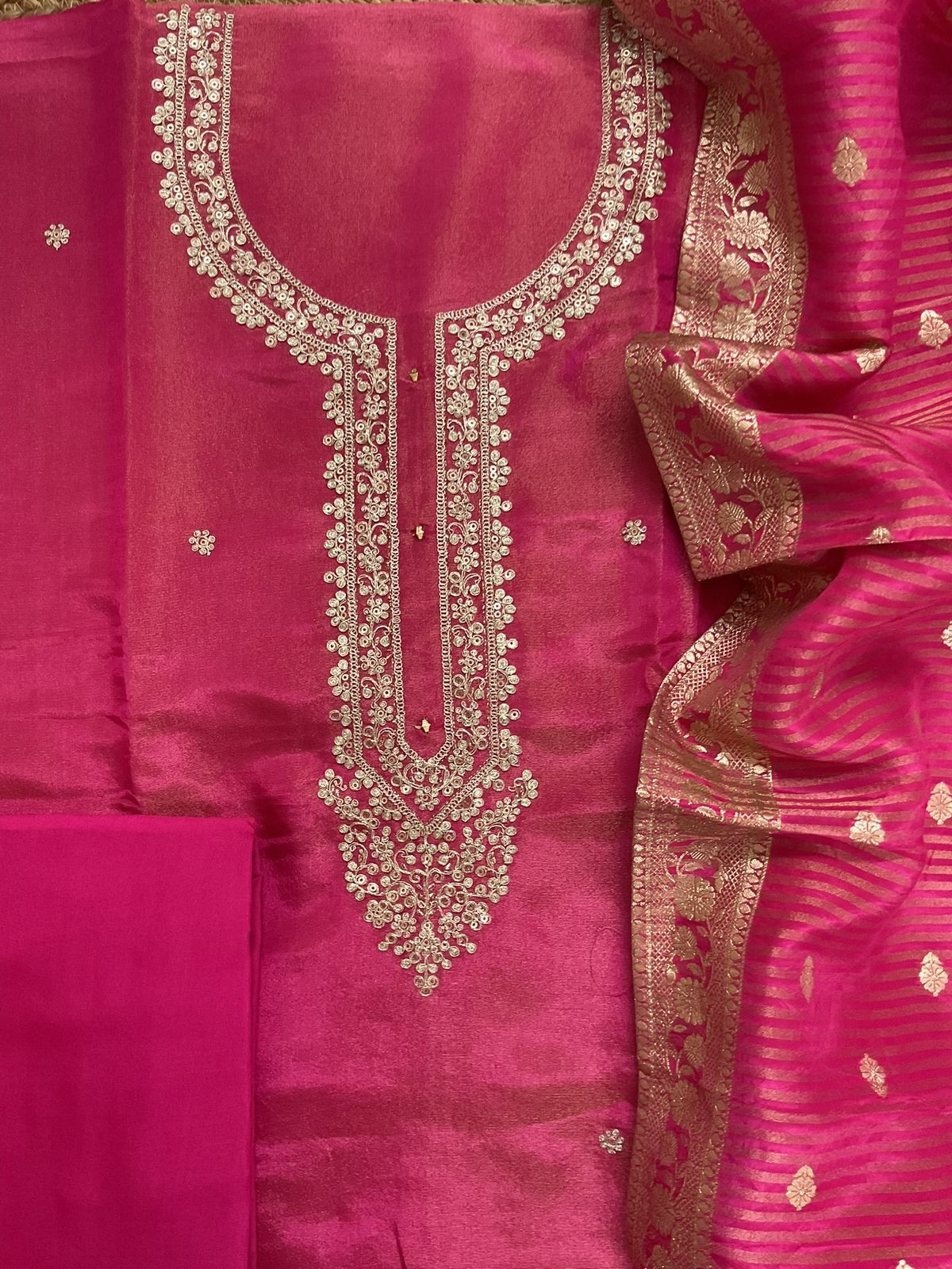 Soft Shimmer Silk Embroidered Suit - Pink