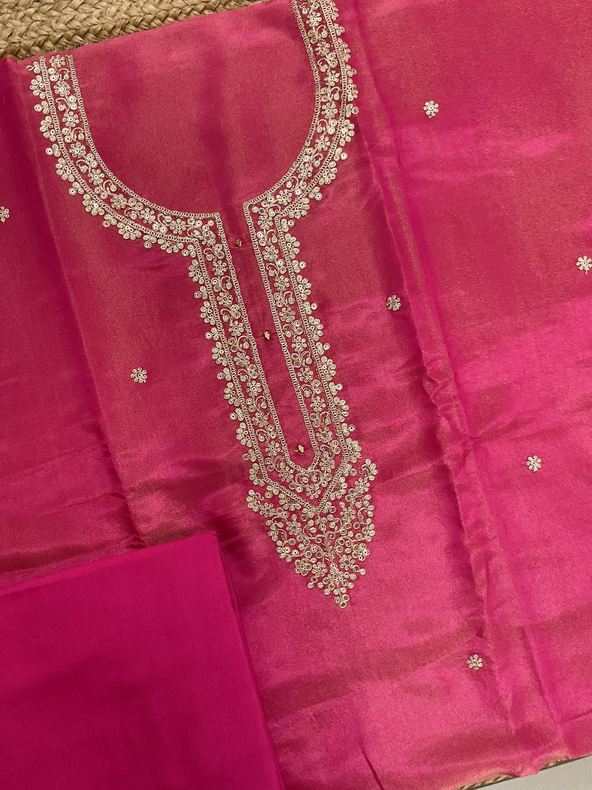 Soft Shimmer Silk Embroidered Suit - Pink