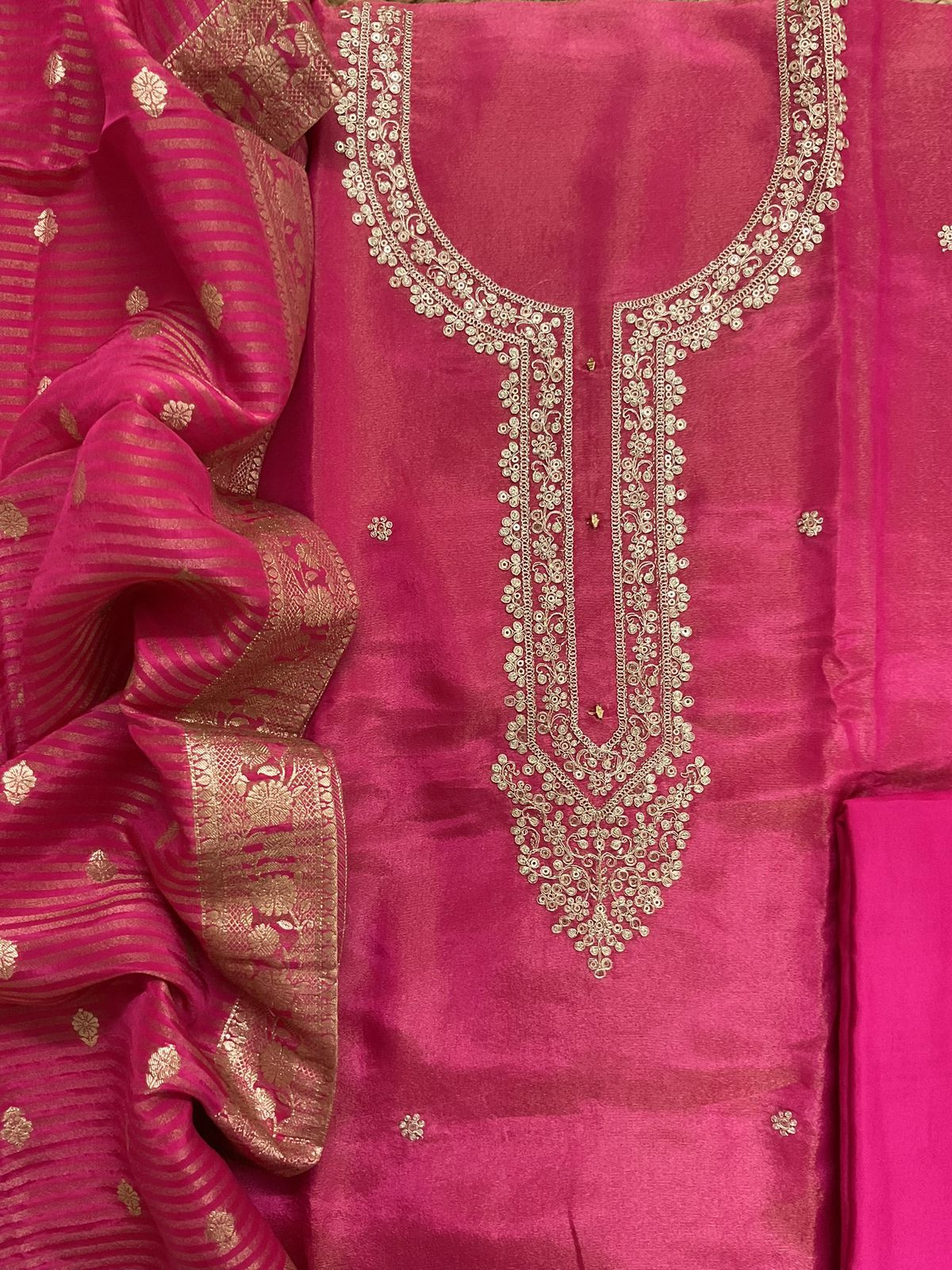 Soft Shimmer Silk Embroidered Suit - Pink
