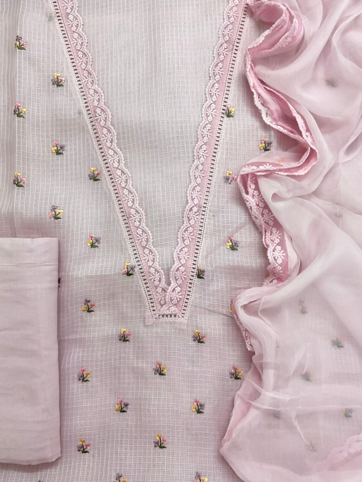 Soft Kota Silk Embroidered Suit - Pink