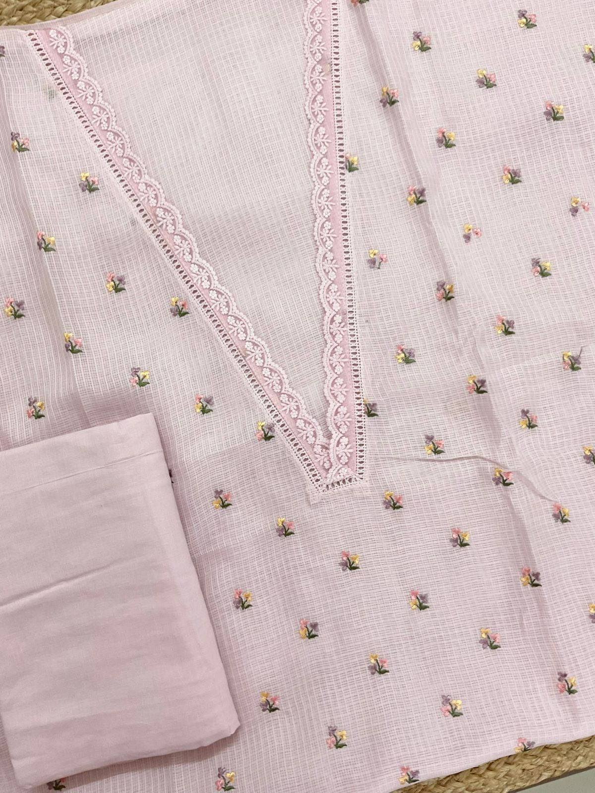Soft Kota Silk Embroidered Suit - Pink