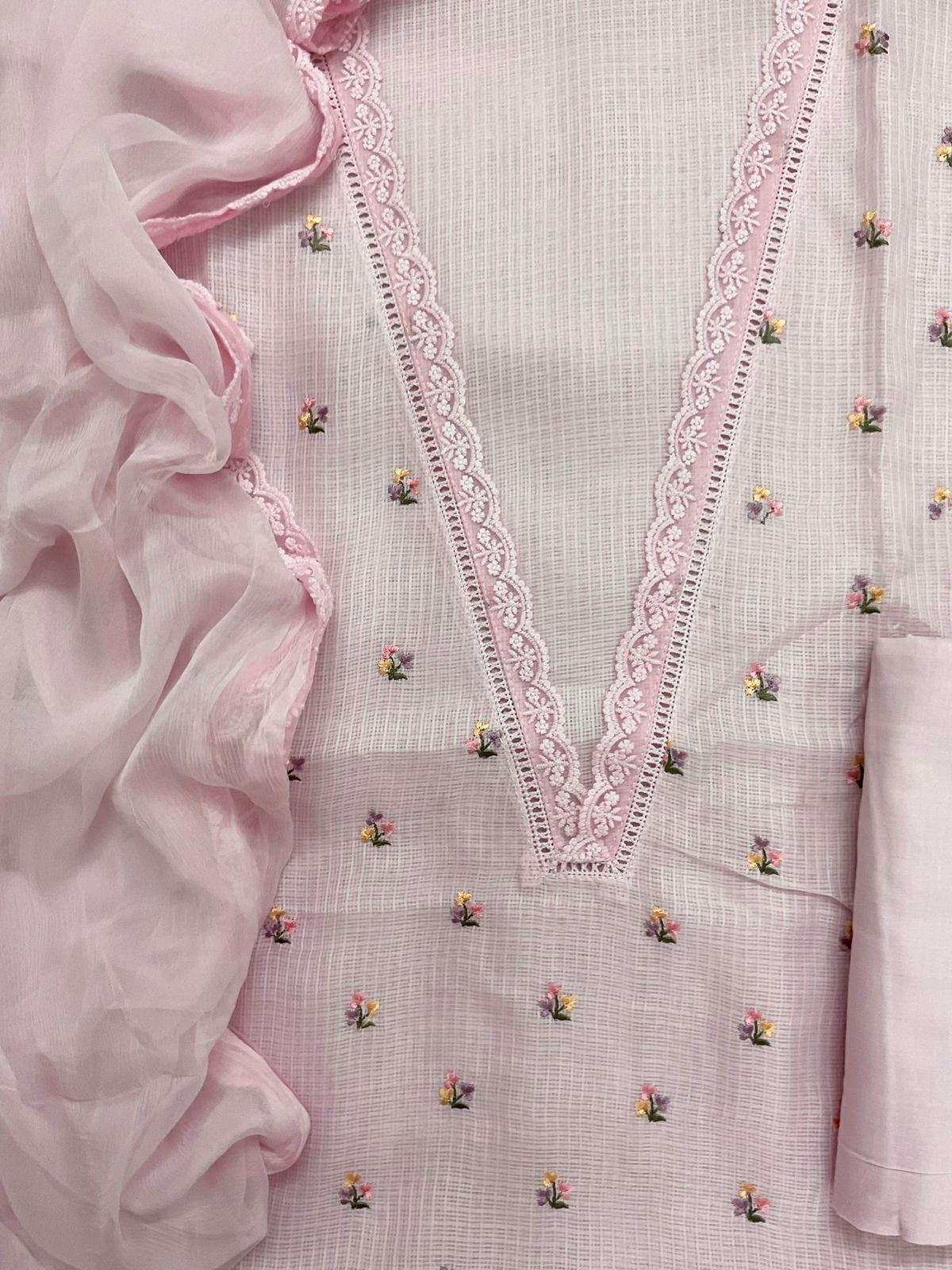 Soft Kota Silk Embroidered Suit - Pink
