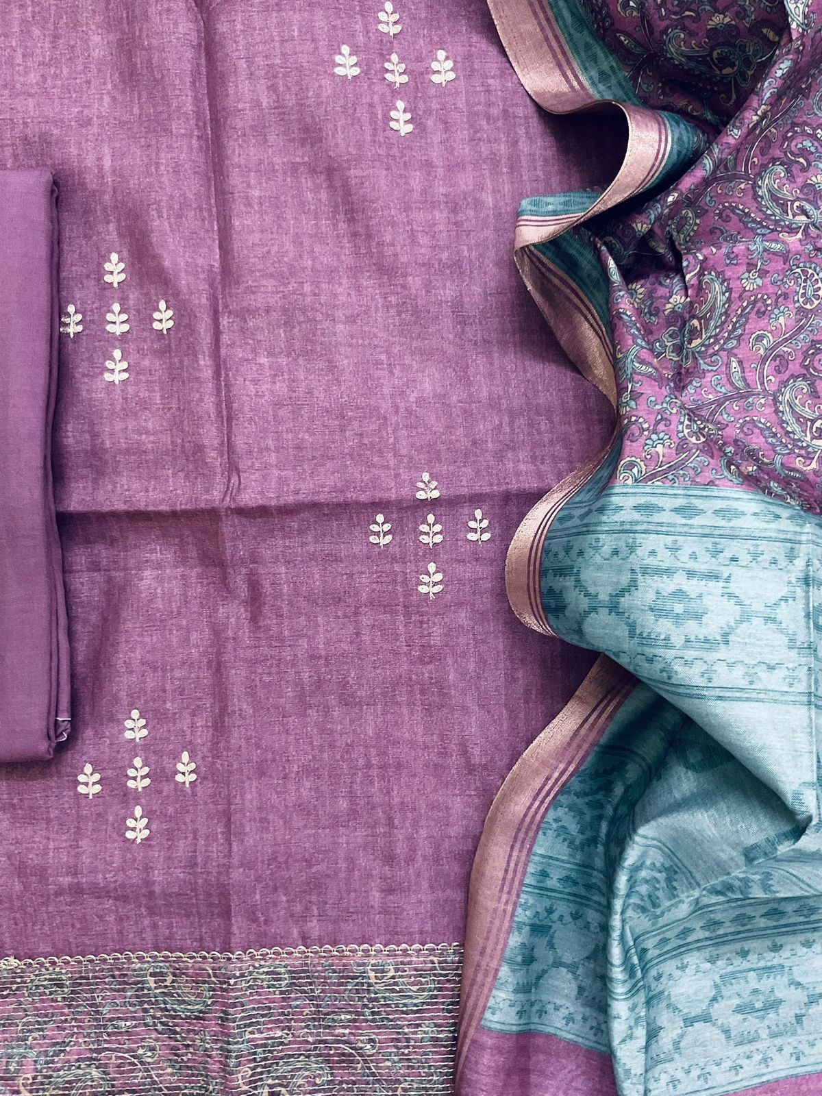Soft Semi Tussar Silk Printed Embroidered Suit - Purple