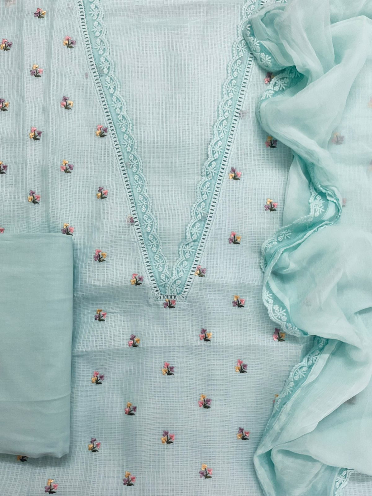 Soft Kota Silk Embroidered Suit - Blue