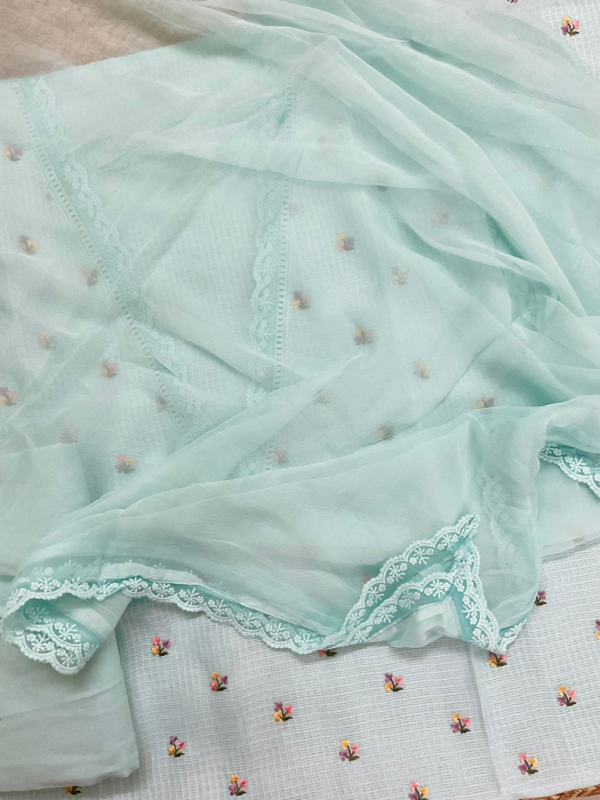 Soft Kota Silk Embroidered Suit - Blue