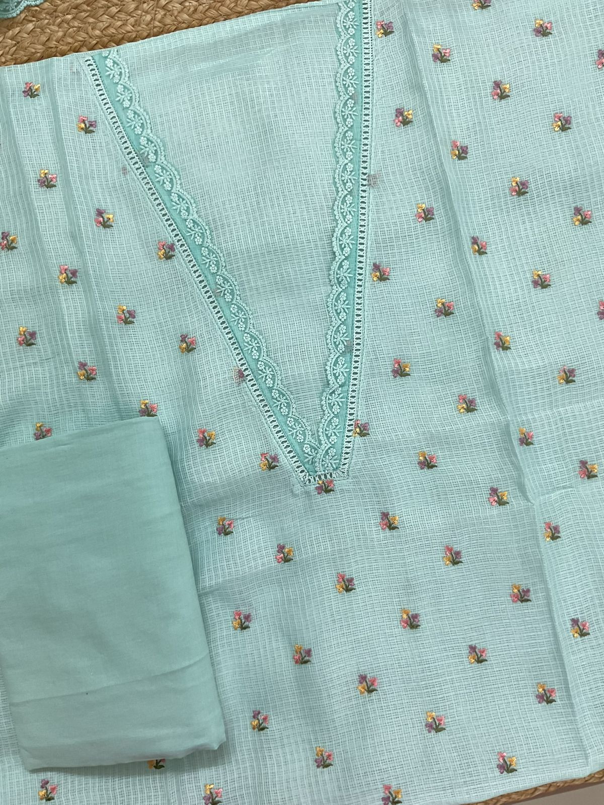 Soft Kota Silk Embroidered Suit - Blue