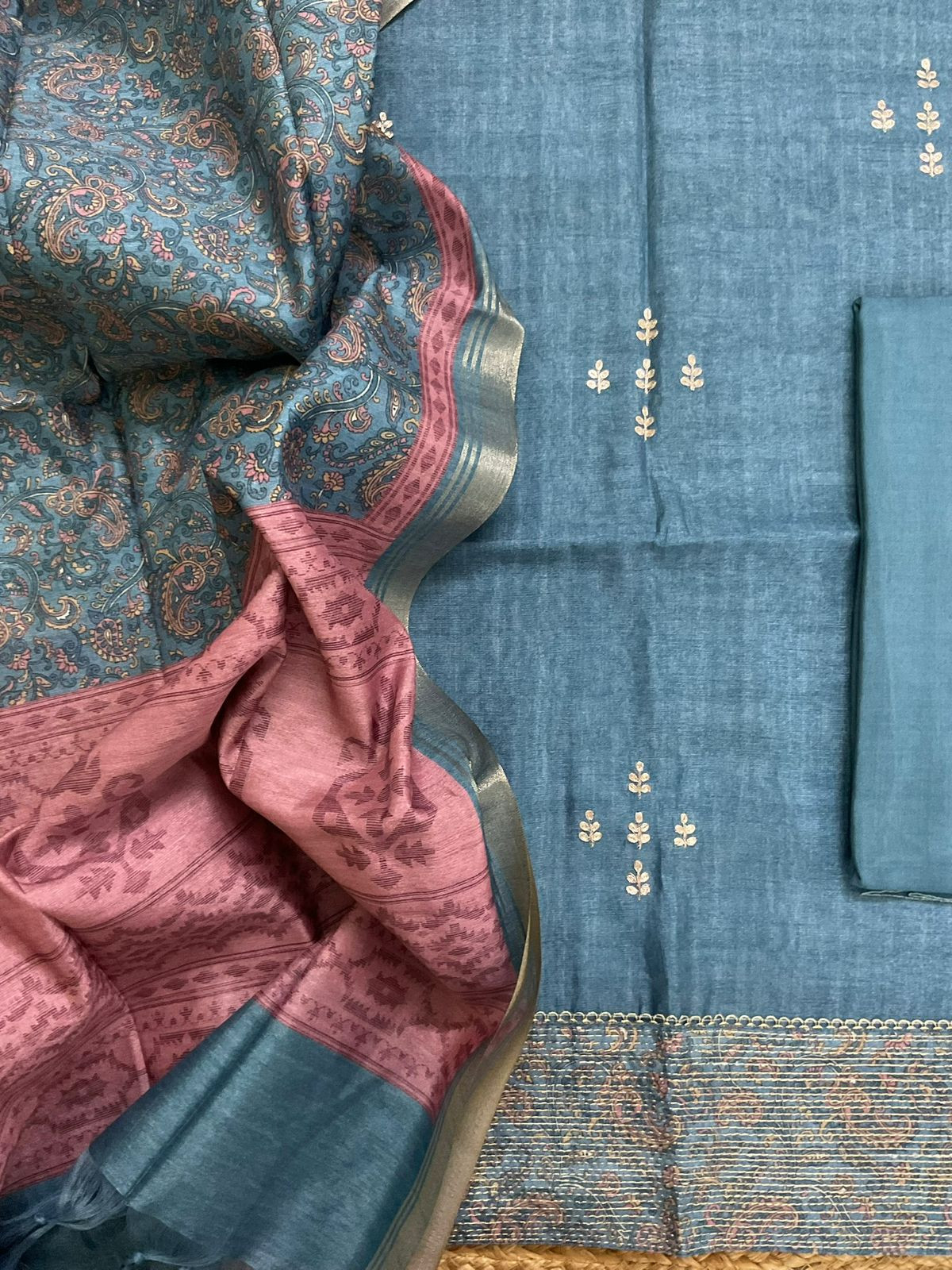 Soft Semi Tussar Silk Printed Embroidered Suit - Blue