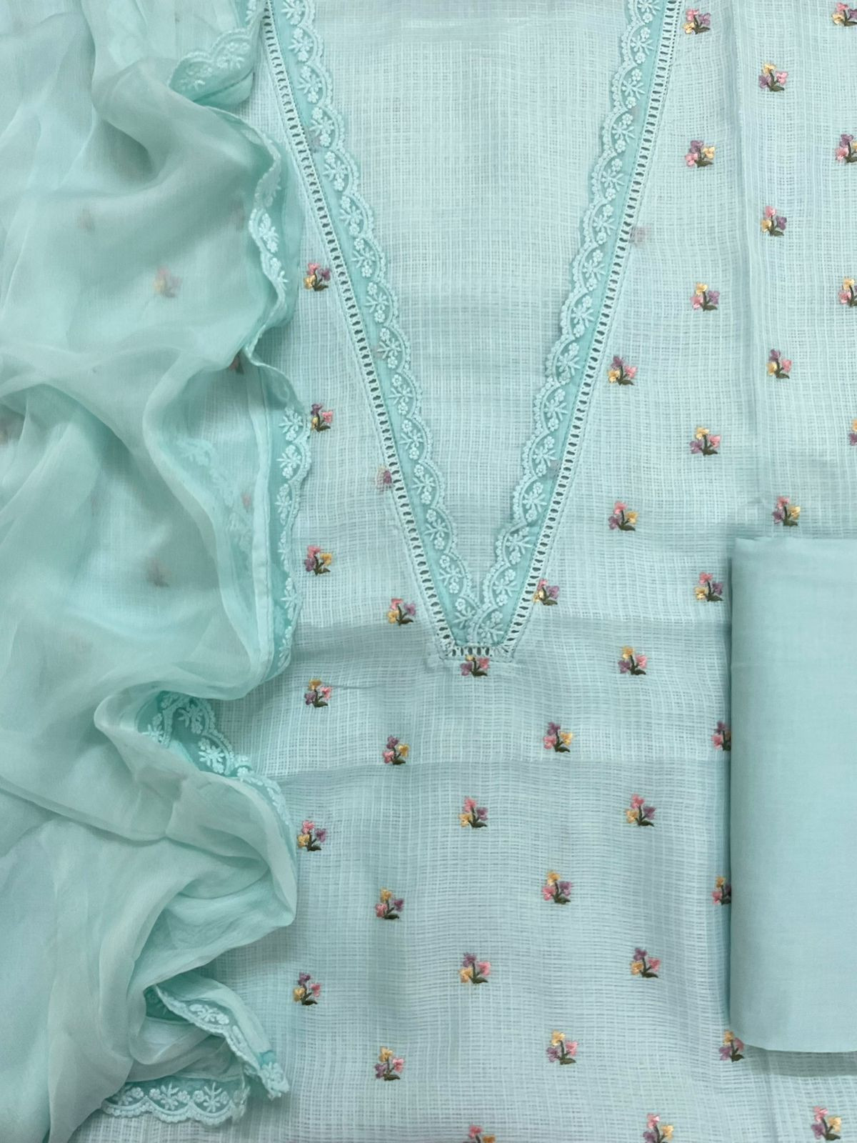 Soft Kota Silk Embroidered Suit - Blue