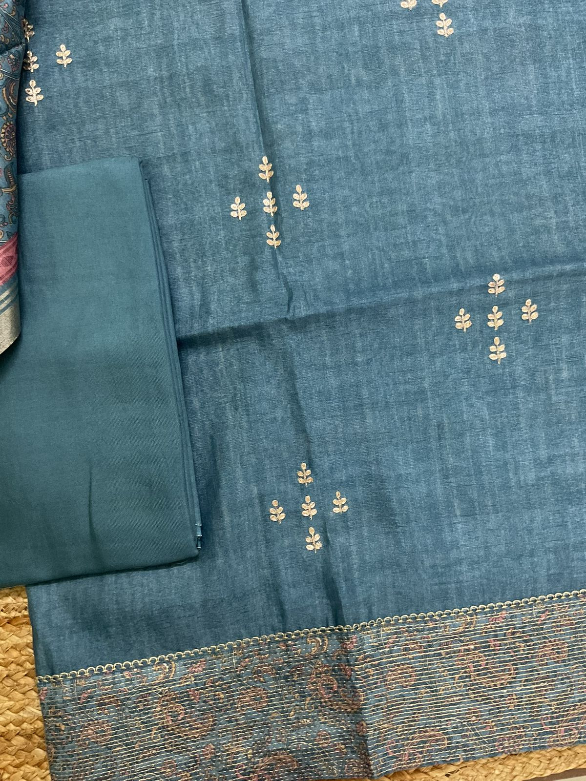 Soft Semi Tussar Silk Printed Embroidered Suit - Blue