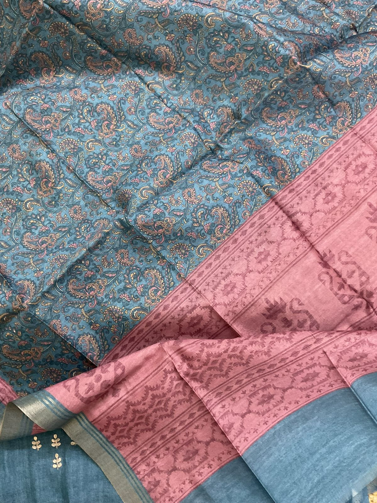 Soft Semi Tussar Silk Printed Embroidered Suit - Blue
