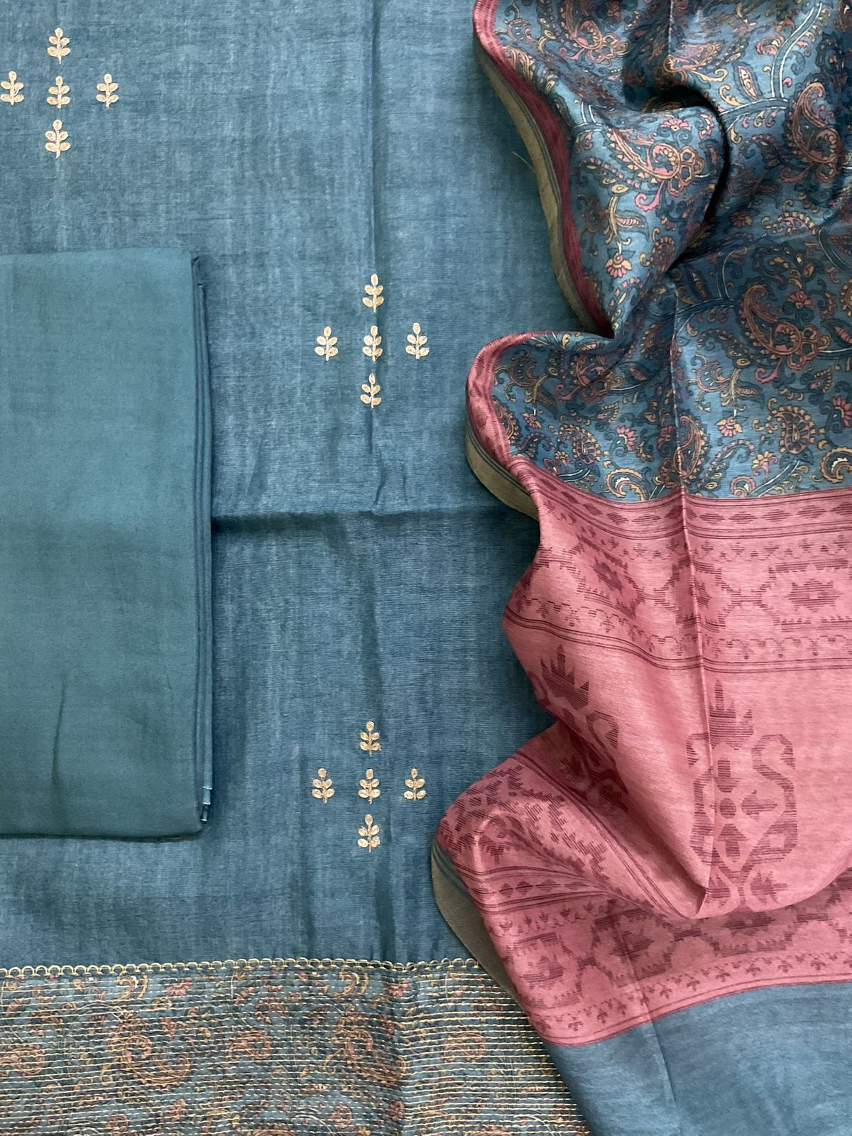 Soft Semi Tussar Silk Printed Embroidered Suit - Blue