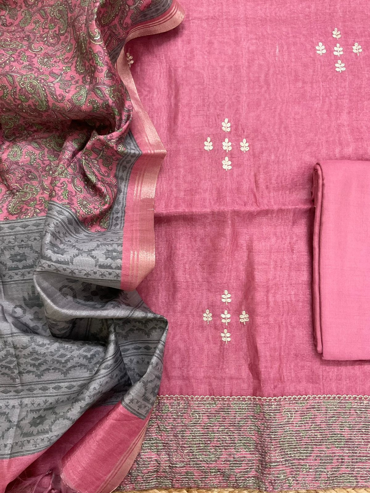 Soft Semi Tussar Silk Printed Embroidered Suit - Pink