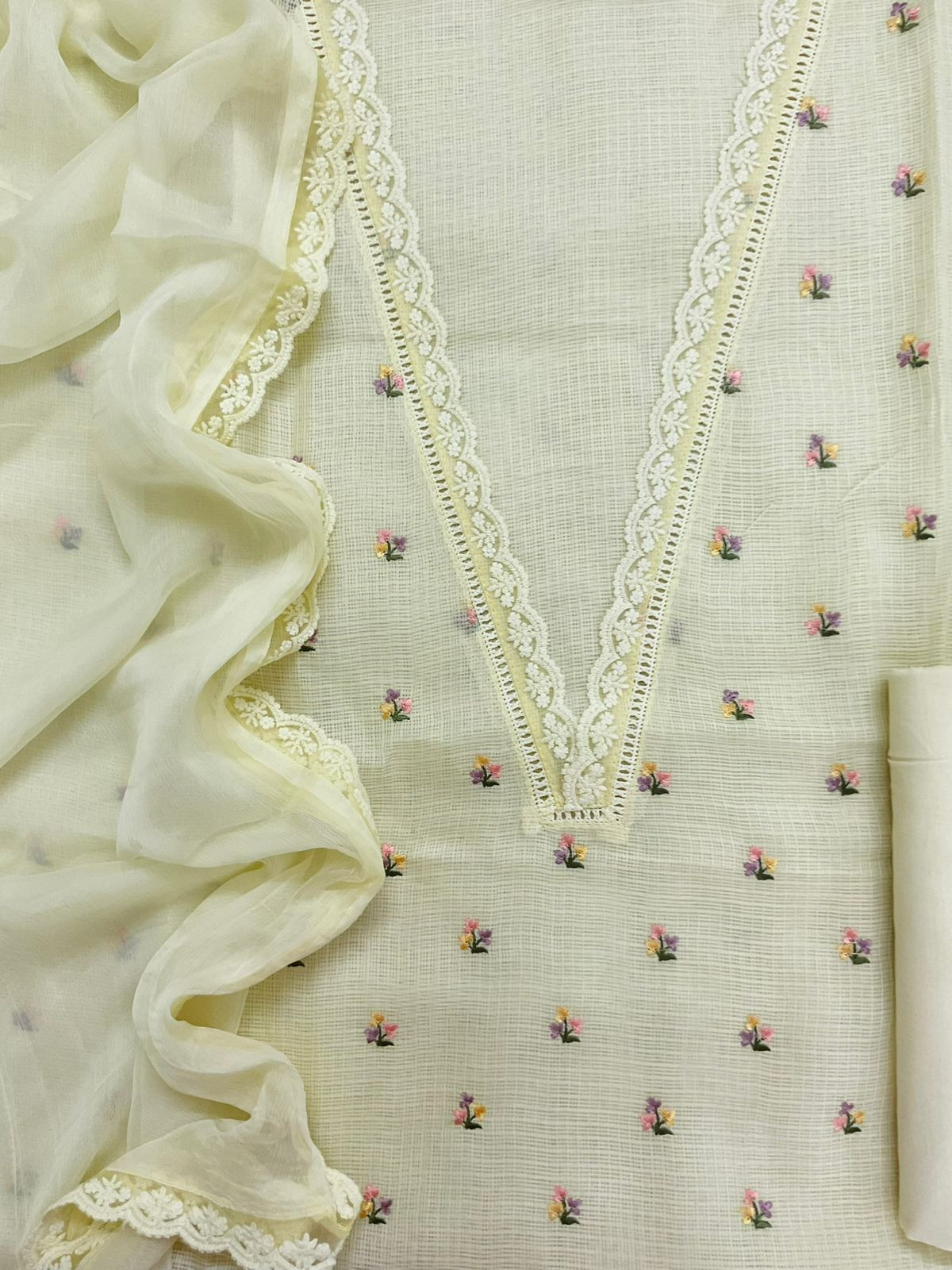 Soft Kota Silk Embroidered Suit - Yellow