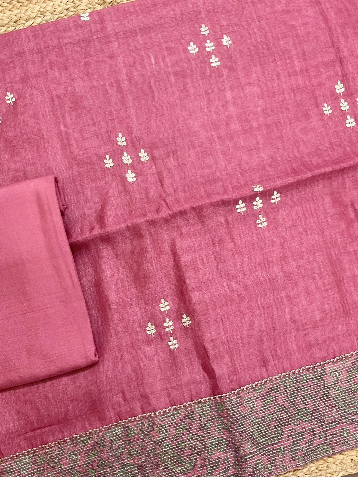 Soft Semi Tussar Silk Printed Embroidered Suit - Pink