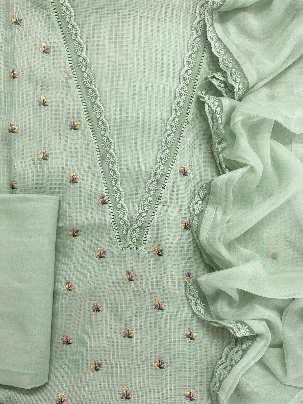 Soft Kota Silk Embroidered Suit - Green