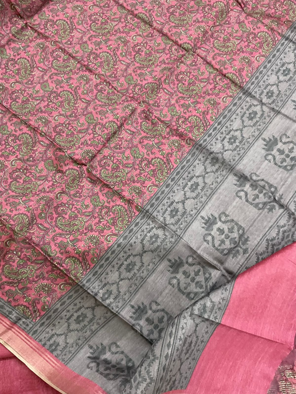 Soft Semi Tussar Silk Printed Embroidered Suit - Pink