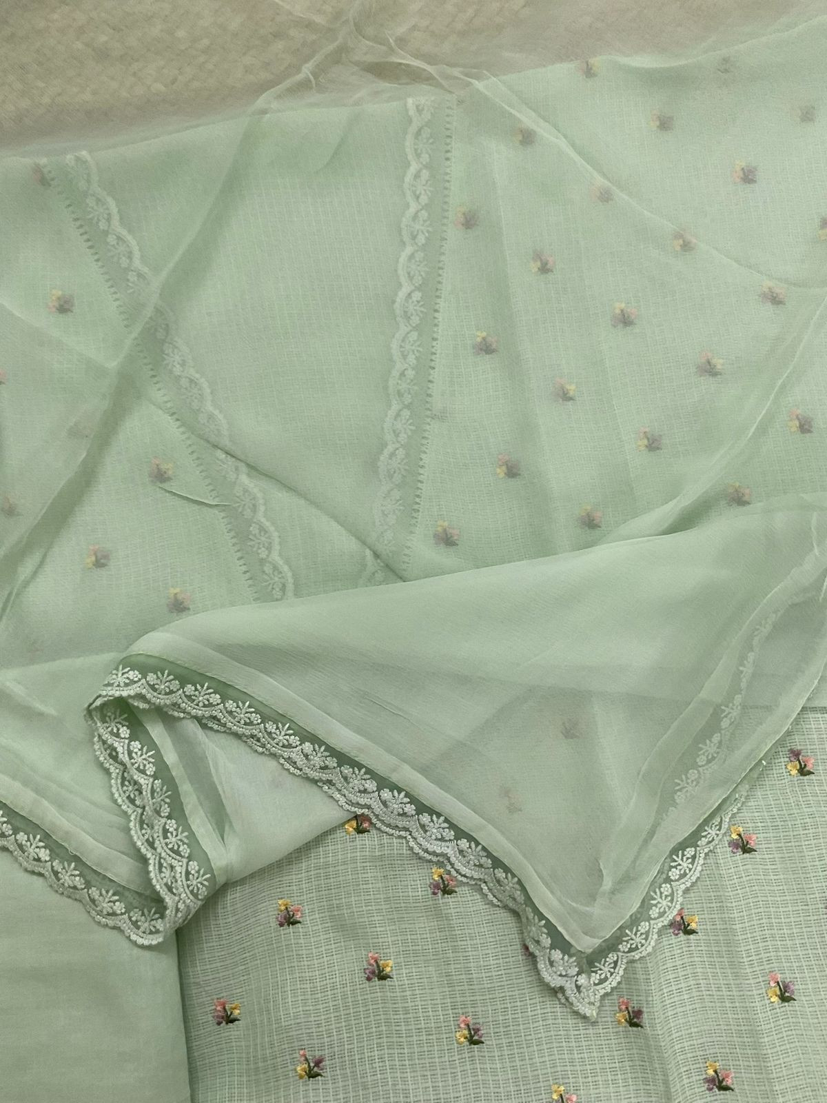 Soft Kota Silk Embroidered Suit - Green