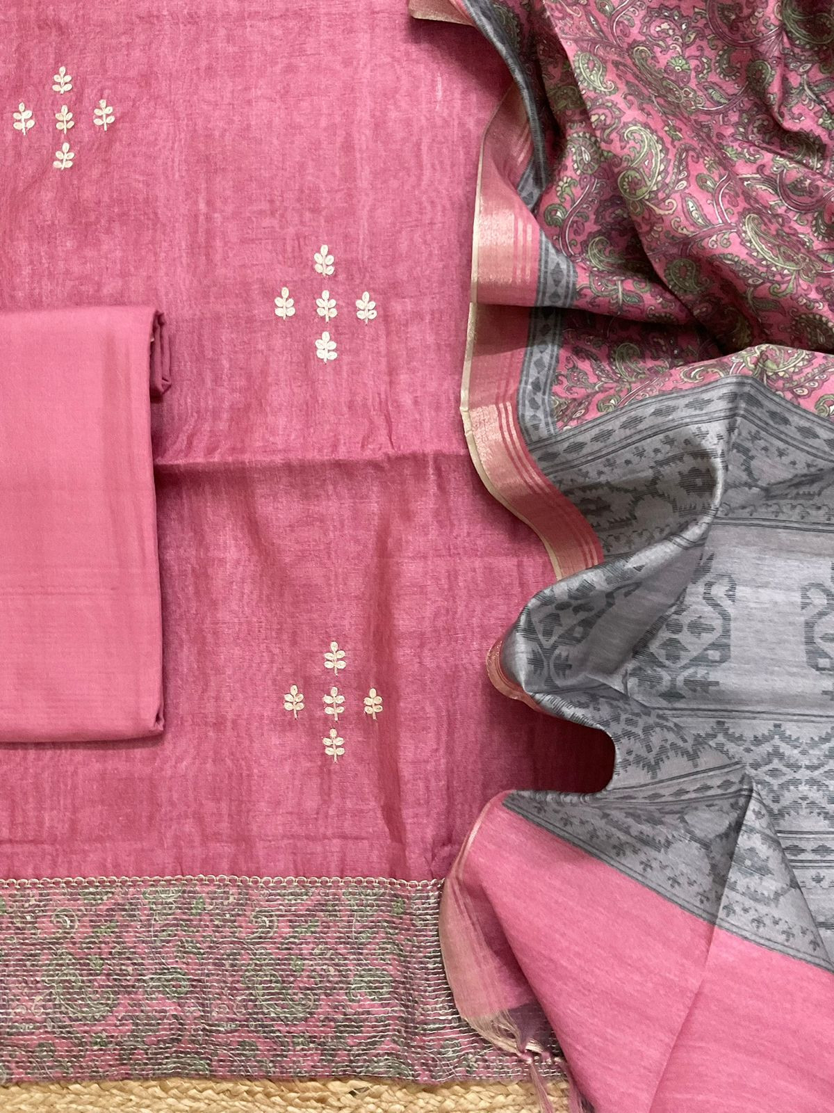 Soft Semi Tussar Silk Printed Embroidered Suit - Pink