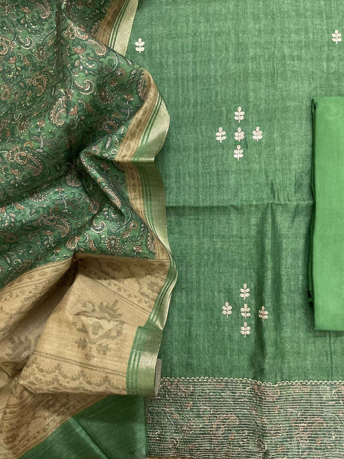 Soft Semi Tussar Silk Printed Embroidered Suit - Green