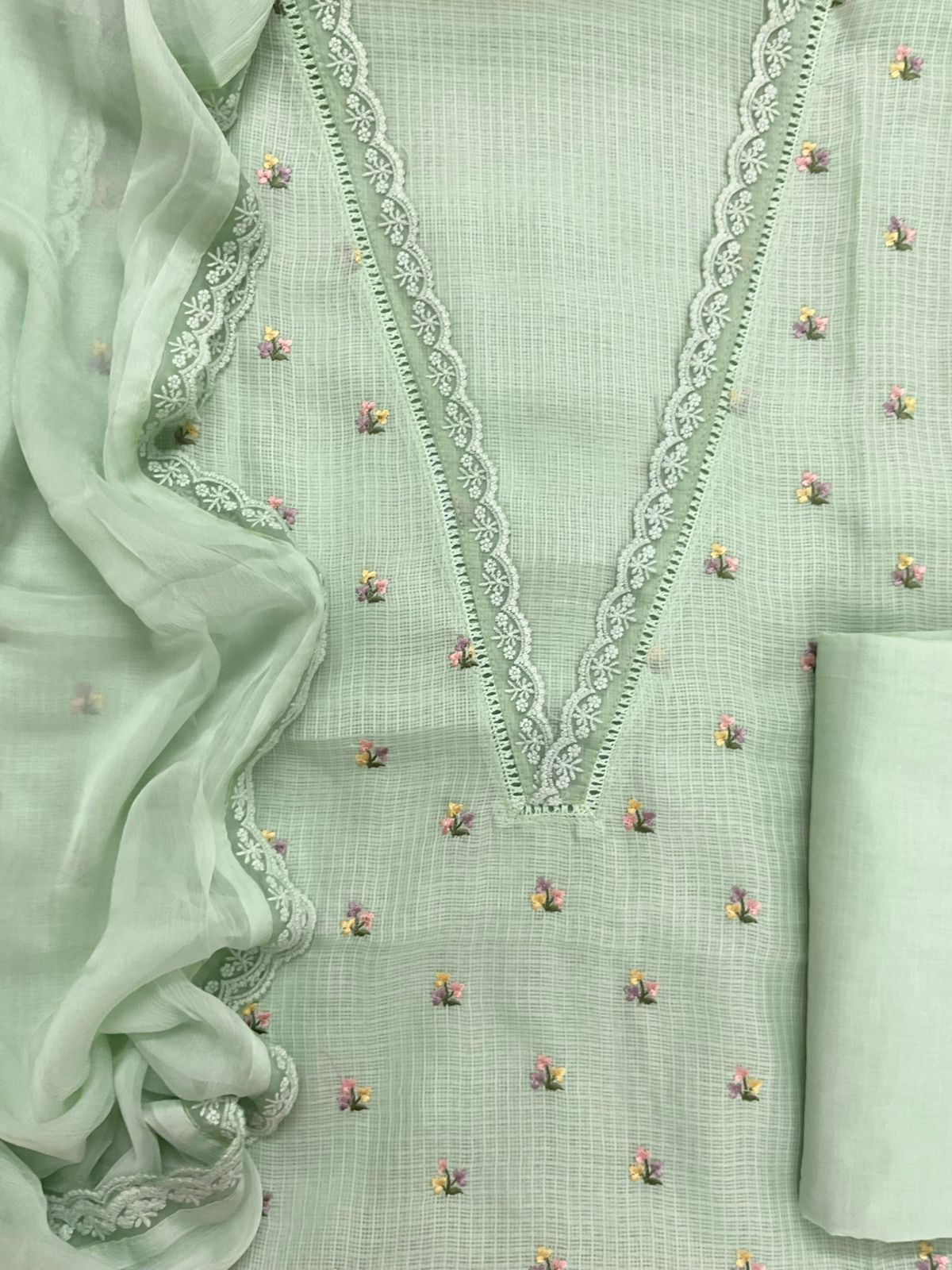 Soft Kota Silk Embroidered Suit - Green