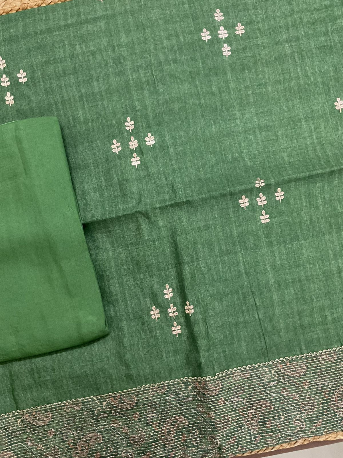 Soft Semi Tussar Silk Printed Embroidered Suit - Green