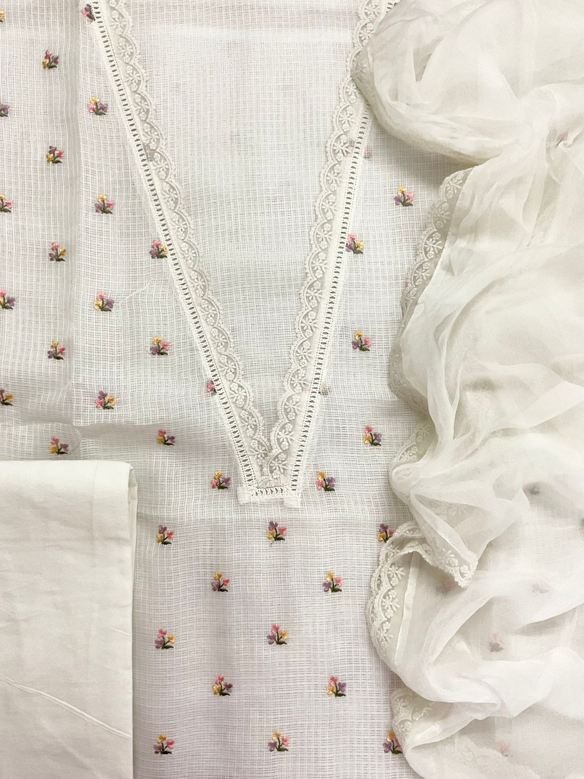 Soft Kota Silk Embroidered Suit - Offwhite