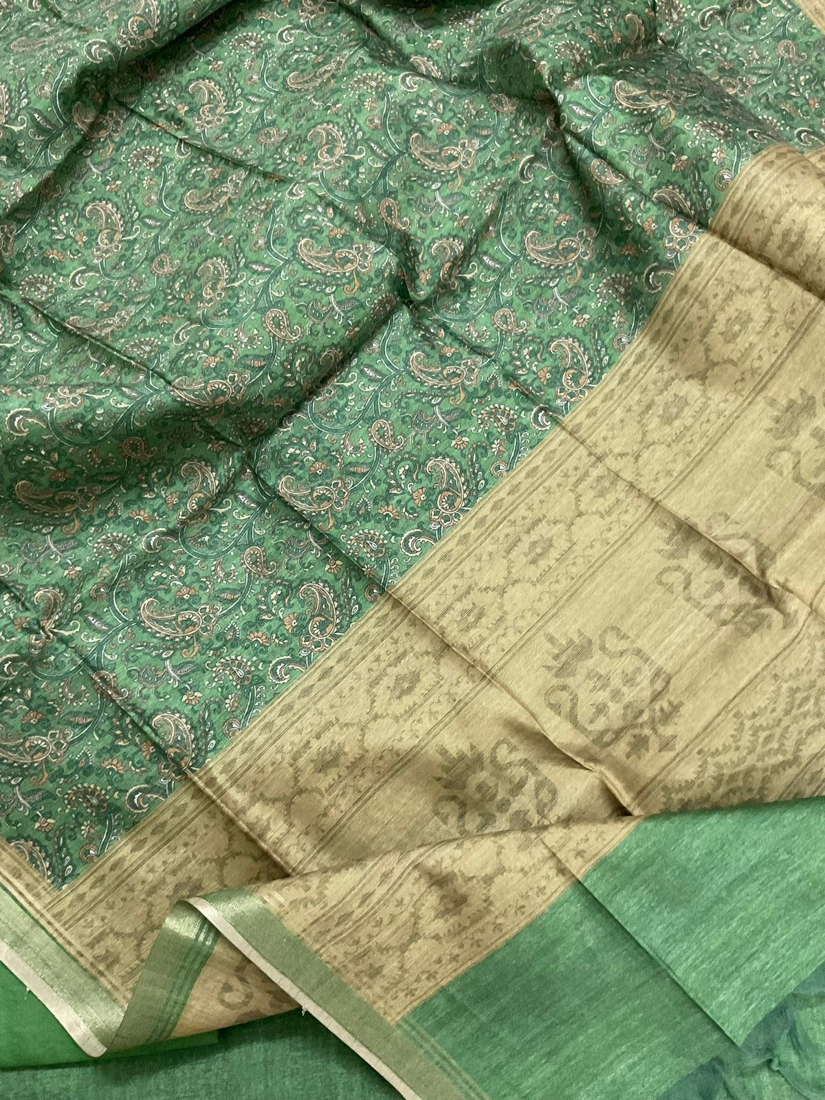 Soft Semi Tussar Silk Printed Embroidered Suit - Green