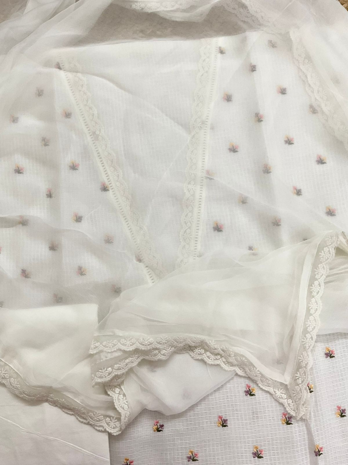 Soft Kota Silk Embroidered Suit - Offwhite