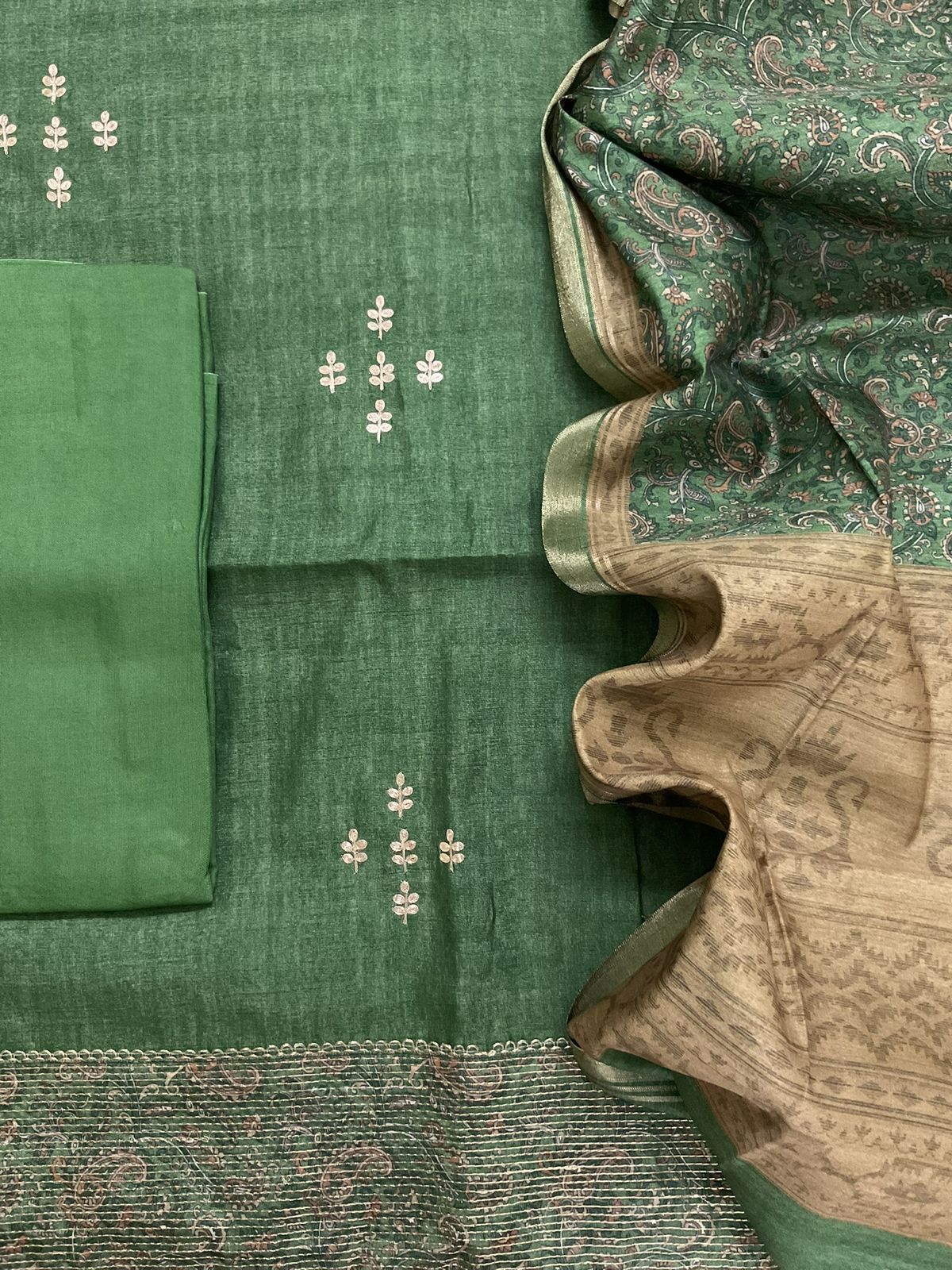 Soft Semi Tussar Silk Printed Embroidered Suit - Green