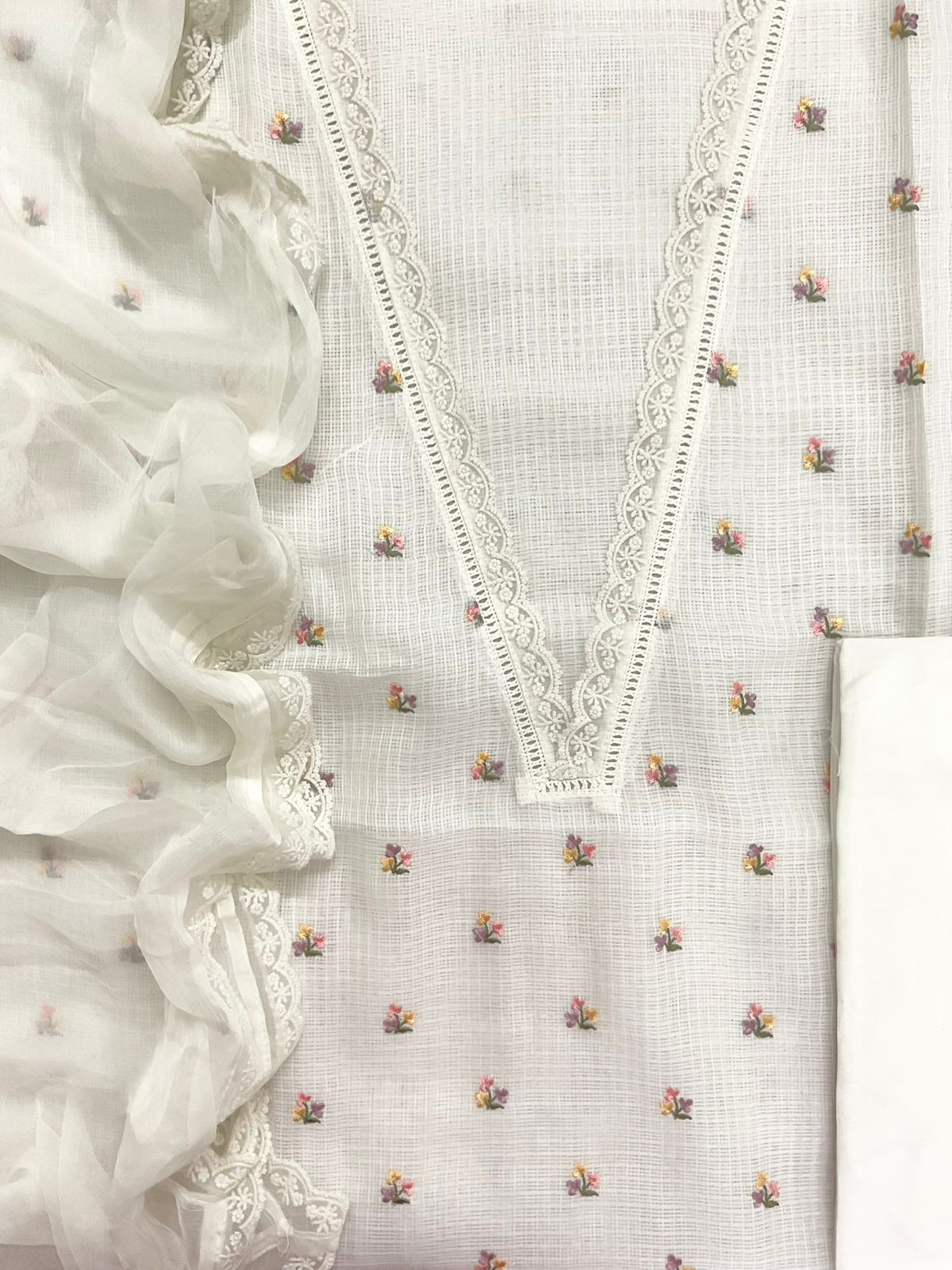 Soft Kota Silk Embroidered Suit - Offwhite