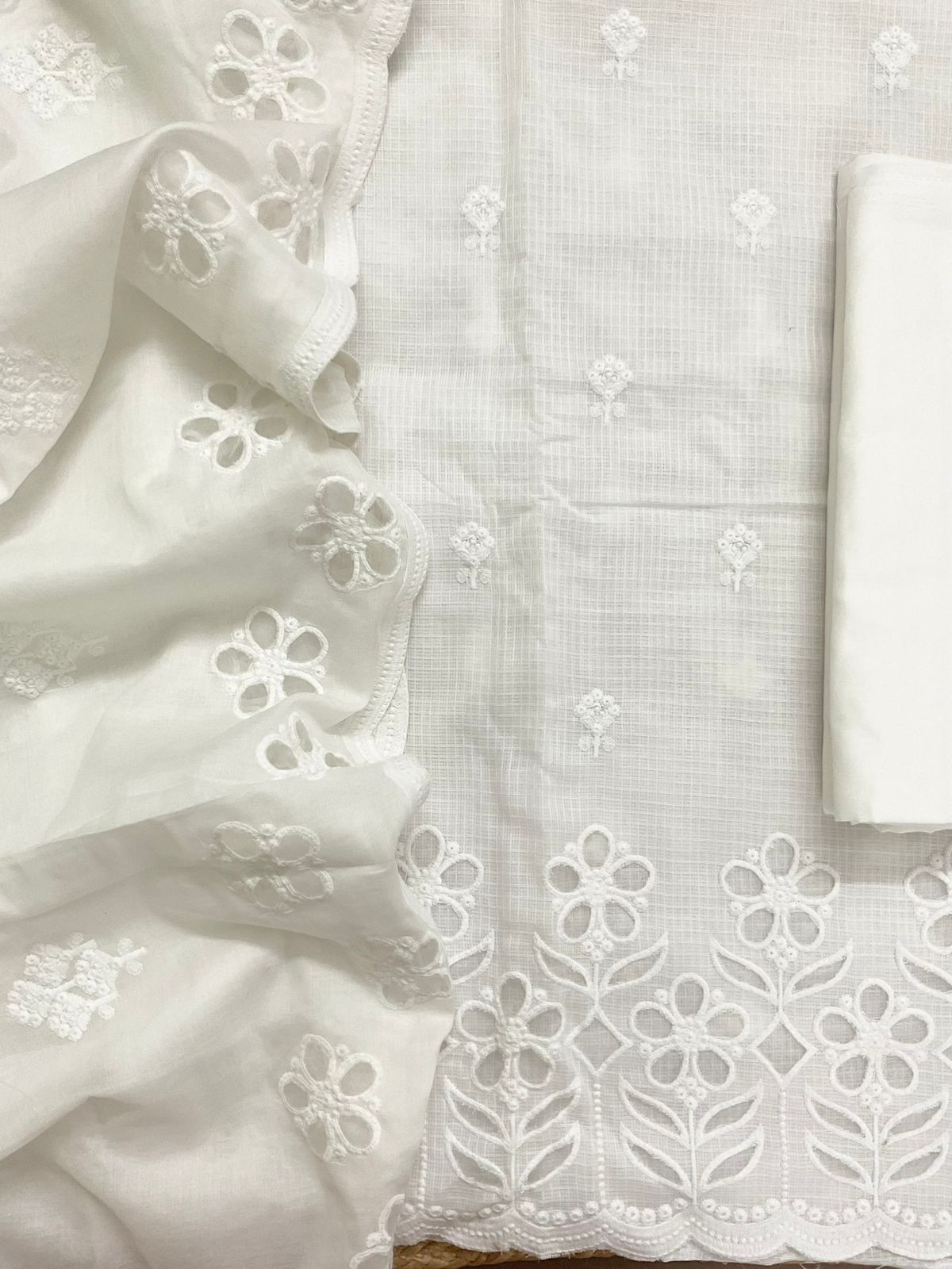 Soft Kota Silk Embroidered Suit - White