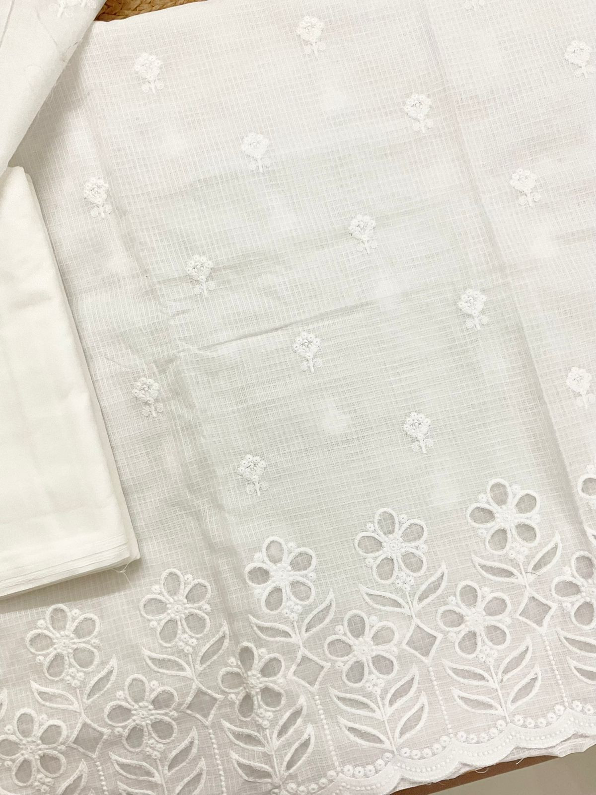 Soft Kota Silk Embroidered Suit - White