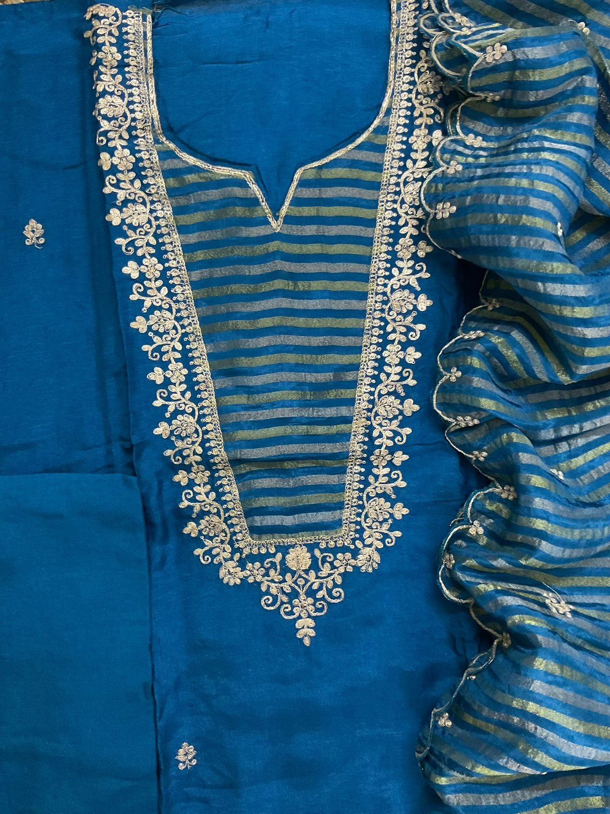 Soft Dola Silk Embroidered Suit - Blue