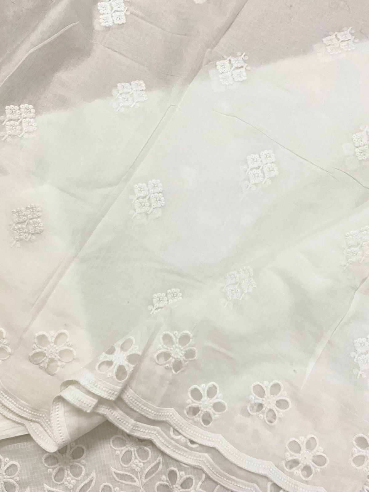 Soft Kota Silk Embroidered Suit - White