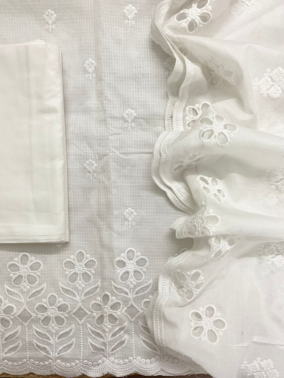 Soft Kota Silk Embroidered Suit - White