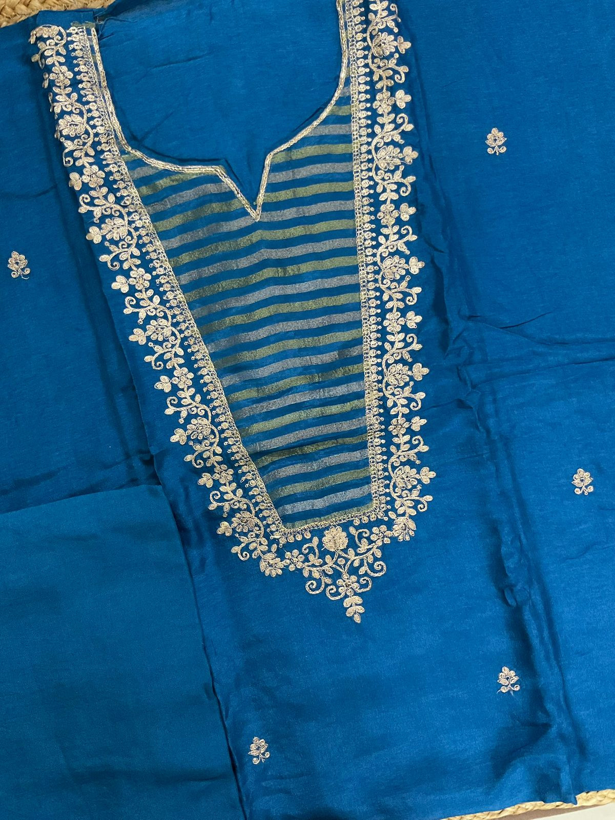 Soft Dola Silk Embroidered Suit - Blue