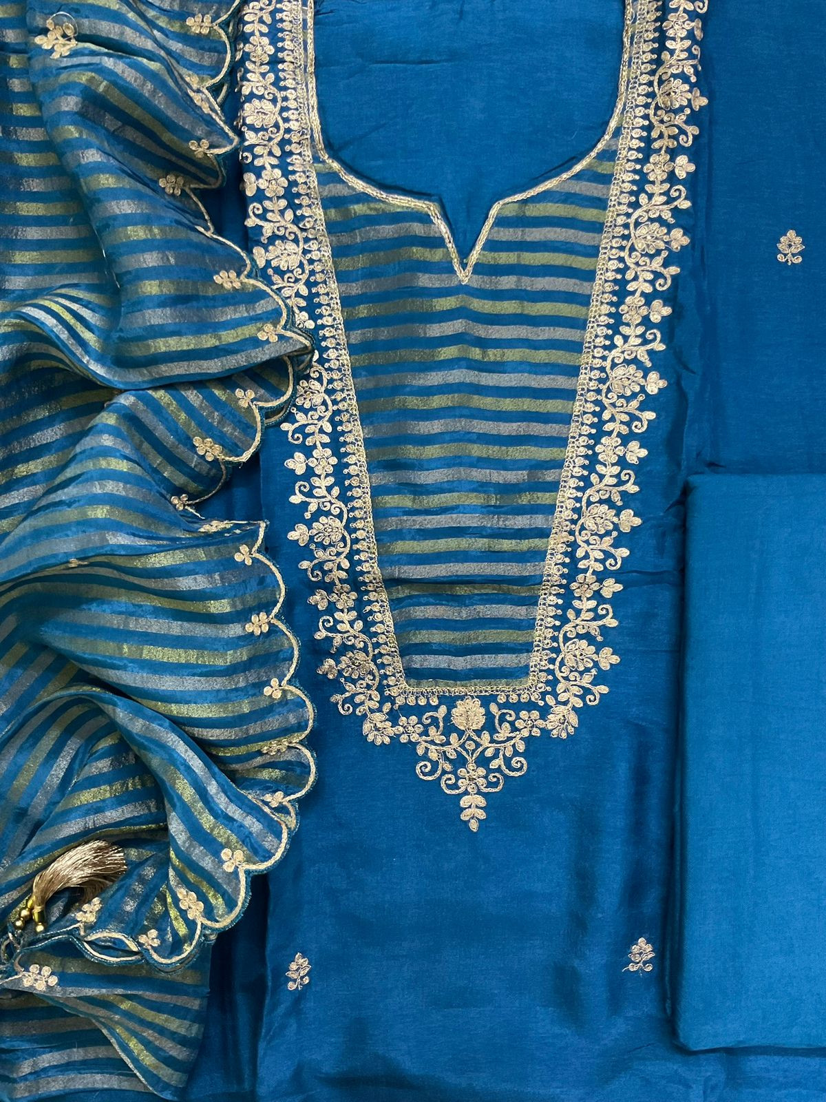 Soft Dola Silk Embroidered Suit - Blue