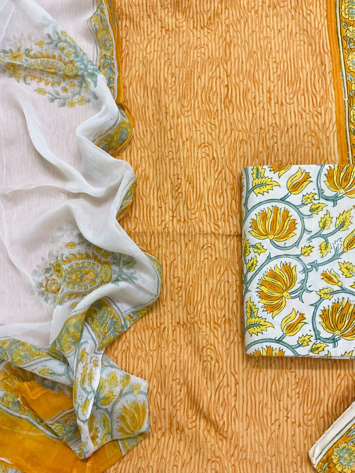 Pure Cotton Printed Self Weaved Suit - Yellow