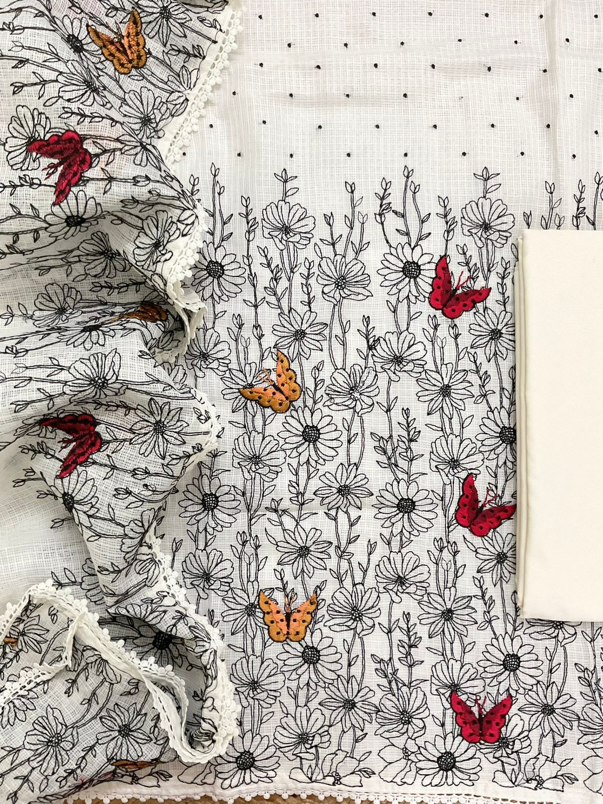 Soft Kota Silk Embroidered Suit - Off White