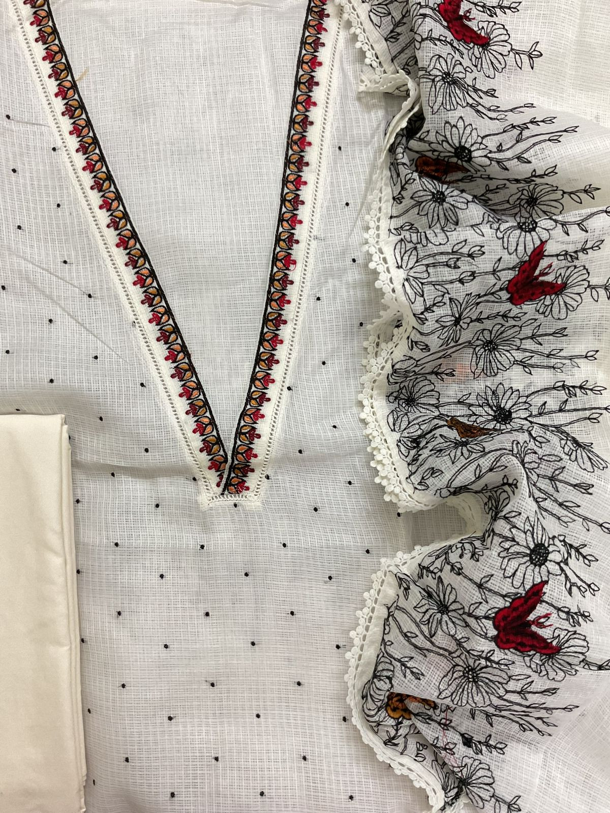 Soft Kota Silk Embroidered Suit - Off White